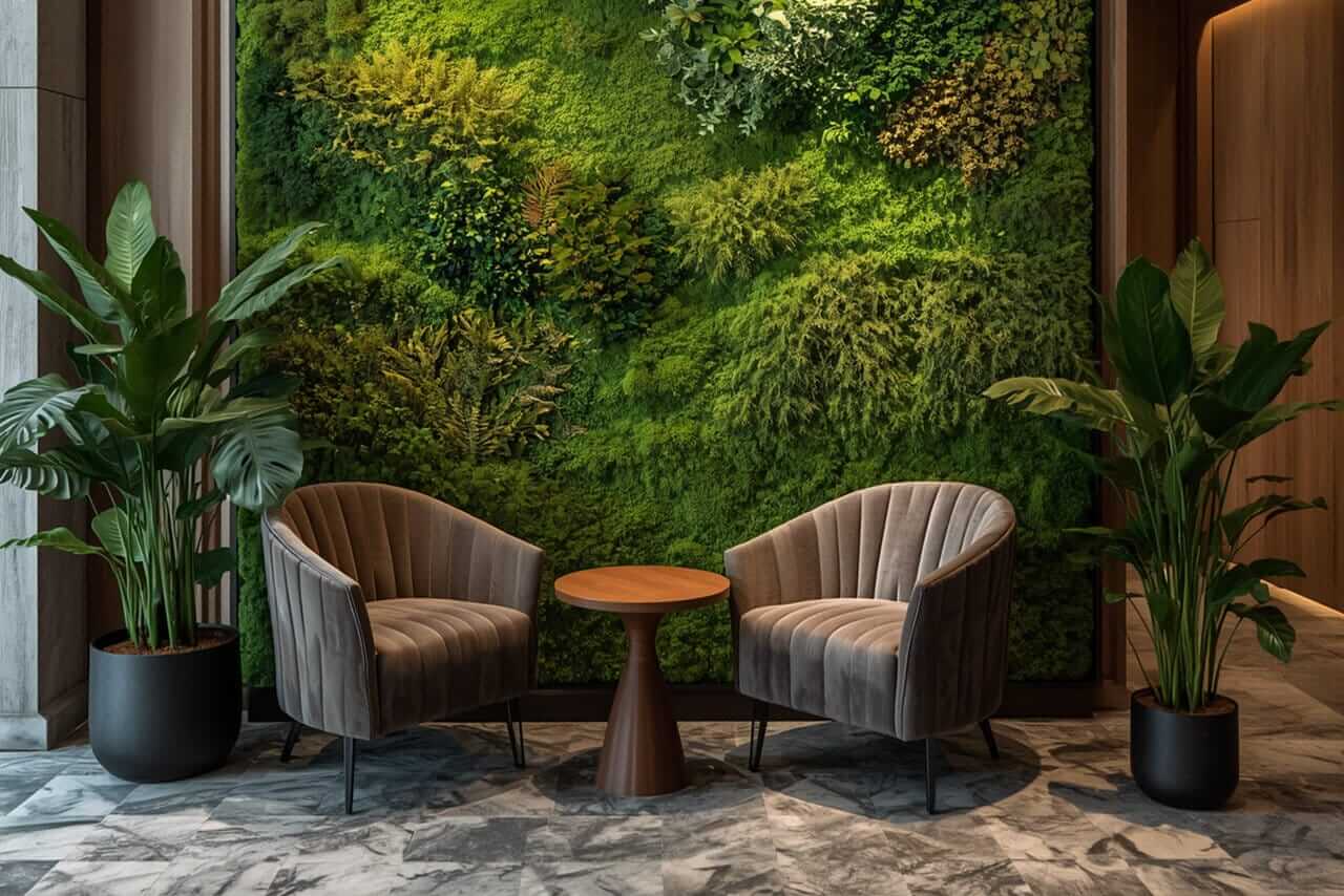 Row of sleek, matte black custom-made fiberglass planter boxes housing tailored architectural greenery inside a luxury retail showroom.