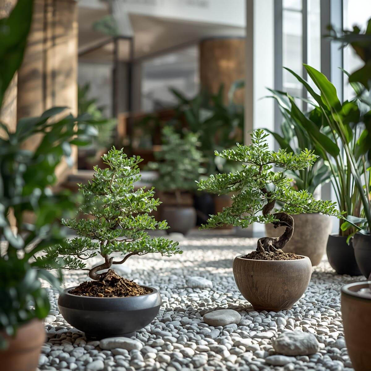 Meticulously pruned dwarf bonsai specimen arranged inside a luxury ceramic container on a polished conference desk.