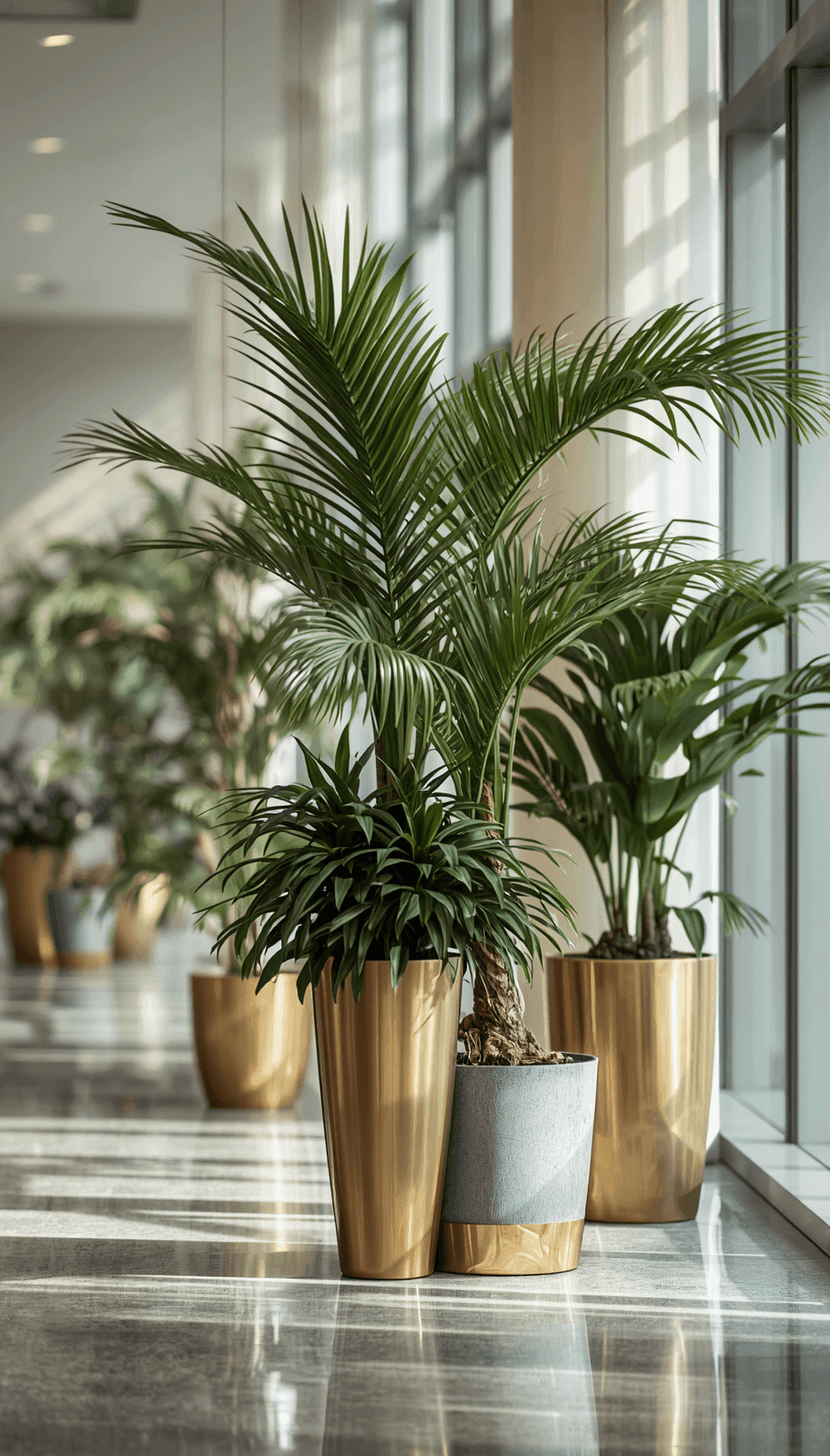 Sleek linear geometric aluminum planter featuring integrated perimeter LED mood lighting inside a premium financial office.