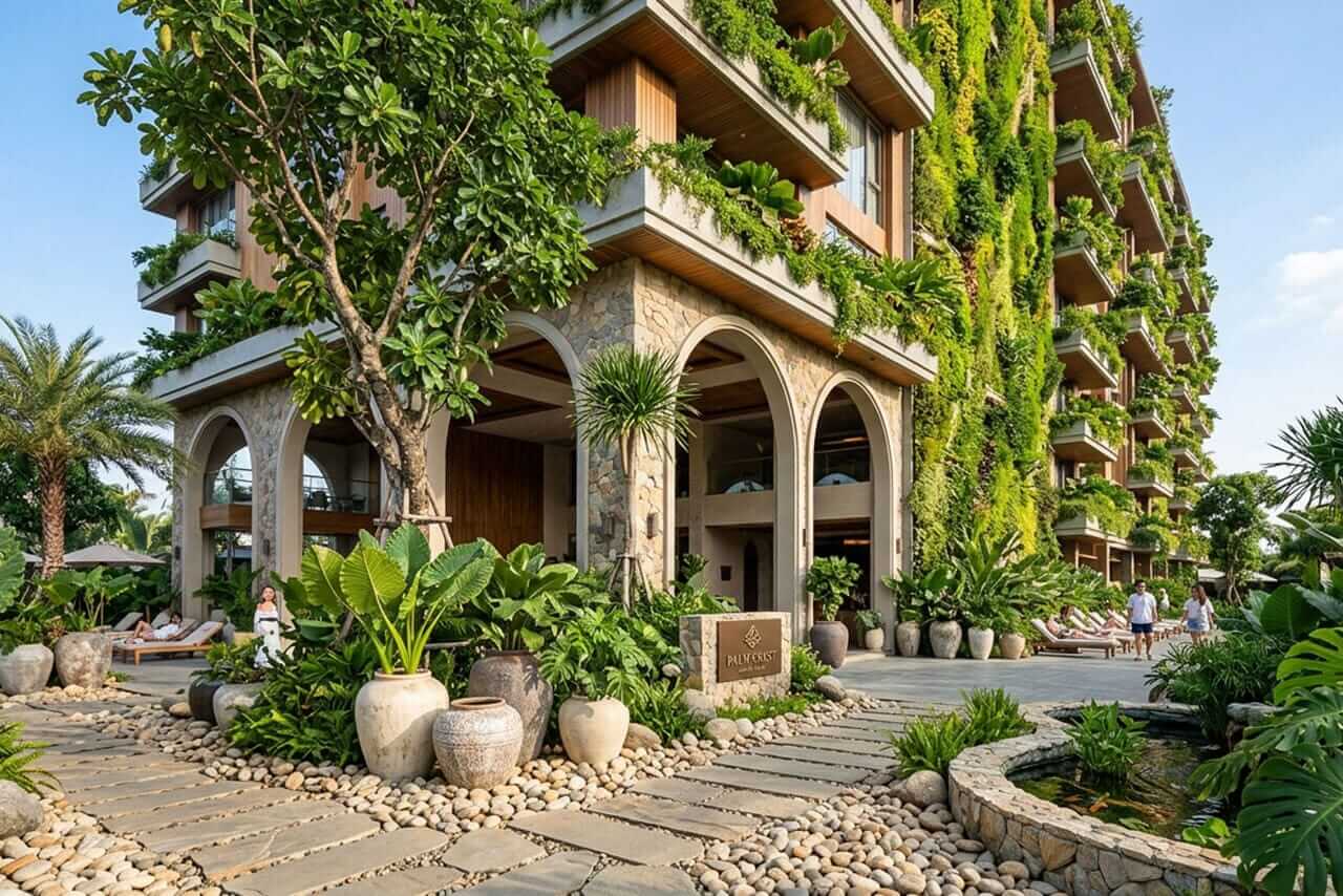 Upscale apartment balcony transformed into a lush natural sanctuary with privacy green walls and weather-resistant timber decking.