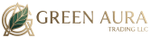 Custom metal cutout company emblem of Green Aura Trading LLC with warm halo LED backlighting mounted on a dark timber accent wall.