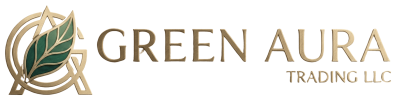 Custom metal cutout company emblem of Green Aura Trading LLC with warm halo LED backlighting mounted on a dark timber accent wall.